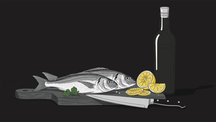 Culinary still life shows fresh fish on a dark cutting board accompanied by lemon slices, herbs, a knife, and a bottle of wine.
