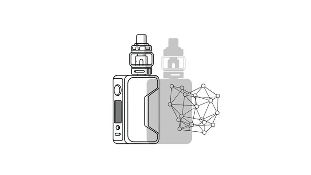 Technical illustration of an electronic cigarette device paired with a molecular network diagram, representing vaping chemistry and tech.