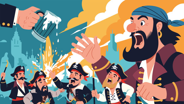 Rowdy group of pirates celebrates in a coastal city, shouting and cheering as a giant hand pours a frothy mug of beer over them.