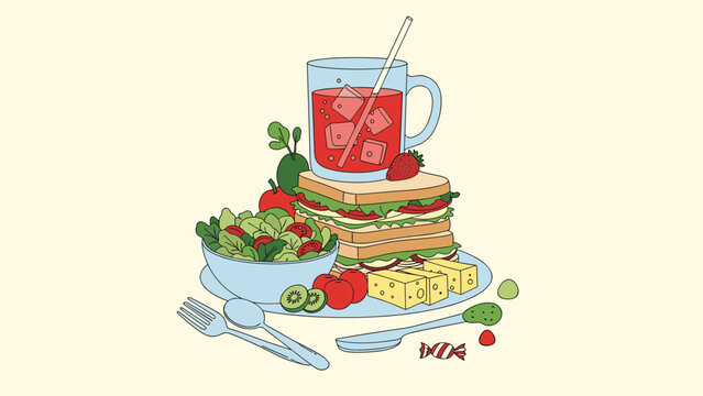 Appetizing healthy meal includes a large multi-layered sandwich, a fresh green salad bowl, and a tall glass of iced berry juice.