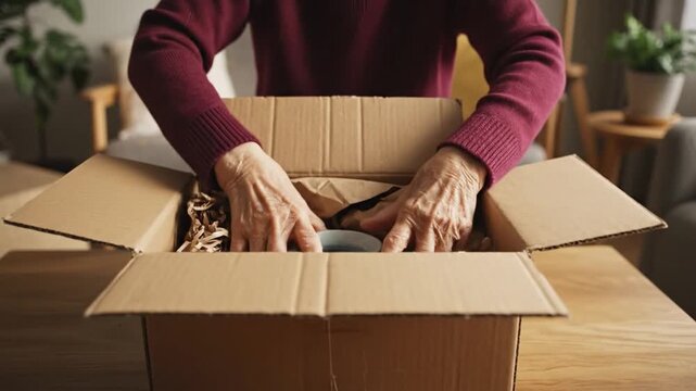 A person opens a cardboard box on a wooden table at home. They carefully remove packing materials to reveal colorful calla lilies and a ceramic vase. This shows the process of unpacking floral decor