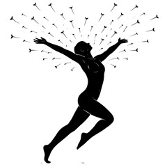 Minimalist Silhouette of Person Exploding Upward with Dandelion Seeds for Freedom and Potential

