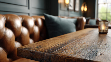 Rustic wooden table in cozy leather furnished cafe