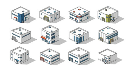 Set of isometric illustrations depicting various modern industrial warehouse buildings with different architectural features and configurations