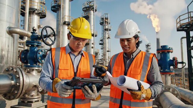 Two Asian engineers are discussing construction technology at an oil and gas factory. They review plans and equipment while surrounded by industrial structures