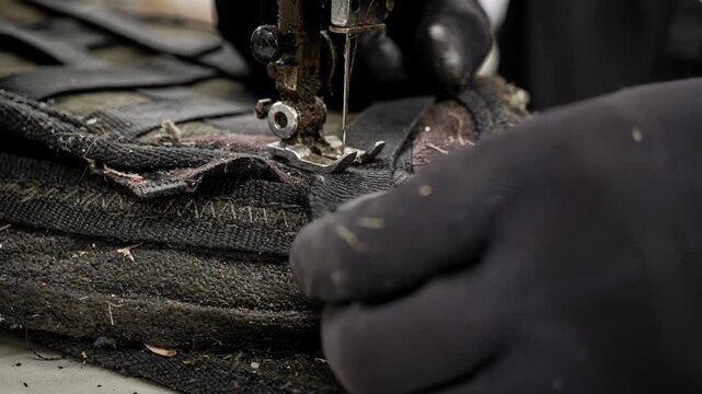 Closeup of skilled worker stitching reinforced backpack straps with heavyduty thread focusing on bartack seams and padded layers for enhanced durability in outdoor gear