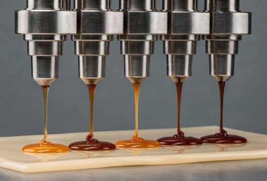 Precision dispensing of multiple chocolate variations creating a gourmet masterpiece showcasing unique textures and rich color gradients celebrating culinary innovation