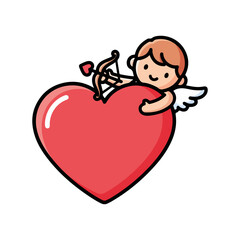 Cute Cartoon Cupid Peeking Over Red Heart