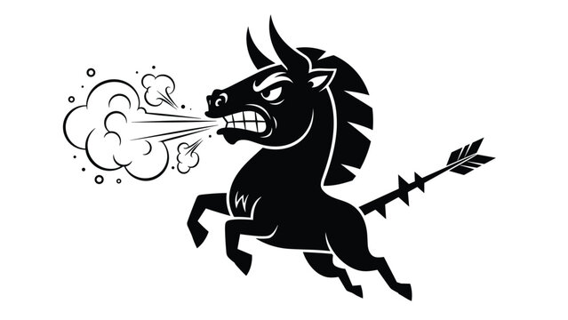 Bold black silhouette shows an aggressive bull or horse with a spiked tail snorting steam, captured in a dynamic and angry charging pose.
