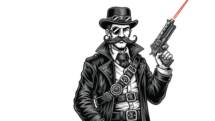Fototapeta premium Highly detailed black and white steampunk illustration of a dandy man with a mustache holding a futuristic laser pistol and wearing goggles.