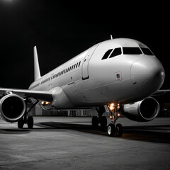 Commercial airplane parked on airport runway at night