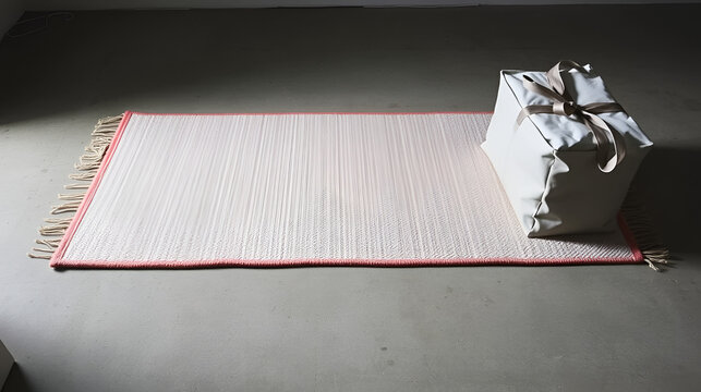 A simple, neutral-toned rug and a modestly sized package rest on a concrete floor.