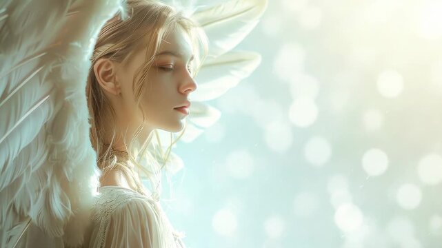 Blonde woman with angel wings in soft light