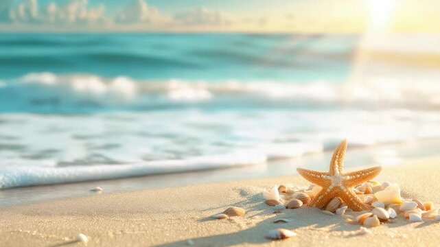 Starfish on sandy beach with seashells and ocean in background at sunrise