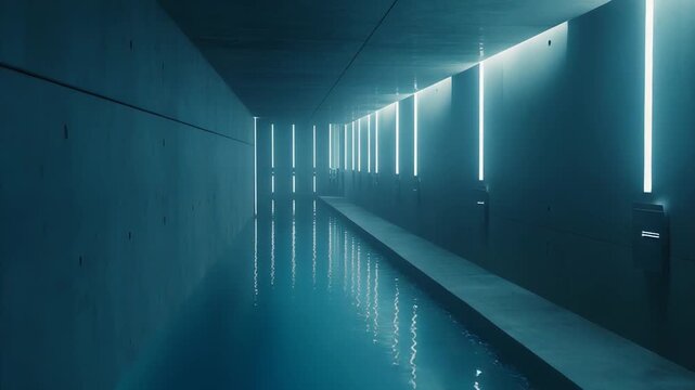 Brutalist indoor pool corridor with blue neon reflections on concrete, cinematic moody ambiance, symmetrical perspective and sleek minimalist spa design for a futuristic resort