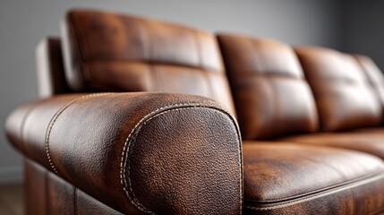A brown leather couch with a brown leather edge. The couch is sitting on a wooden floor. The couch is the main focus of the image