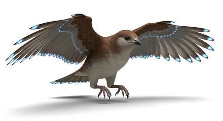 Bird with Wings Spread and Glowing Blue Tips on White Background