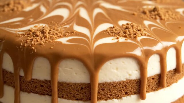 Gourmet biscoff cheesecake with a beautiful marbled glaze and dripping caramel topping. Panoramic food banner showing a sweet homemade dessert for a cafe or pastry shop