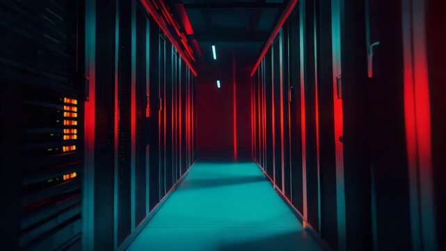 Server racks standing in rows with glowing red and blue lights, illustrating a modern data center infrastructure and representing the vastness of cloud storage technology