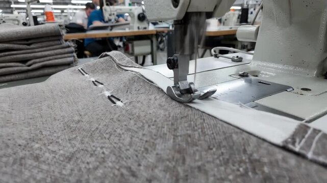 Medium shot of a buttonhole machine sewing precise buttonholes on sturdy fabric highlighting the mechanics and detailed stitching in a busy garment production line.