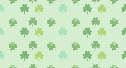 Seamless pattern of green shamrock clover leaves on pale mint background with soft watercolor texture and subtle paper grain, repeating Irish St. Patrick&rsquo;s Day motif