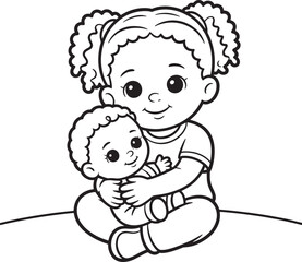 Fototapeta premium Toddler Girl with Pigtails Cuddling Her Doll Coloring Page