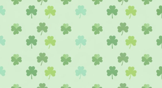 Seamless pattern of green shamrock clover leaves on pale mint background with soft watercolor texture and subtle paper grain, repeating Irish St. Patrick&rsquo;s Day motif