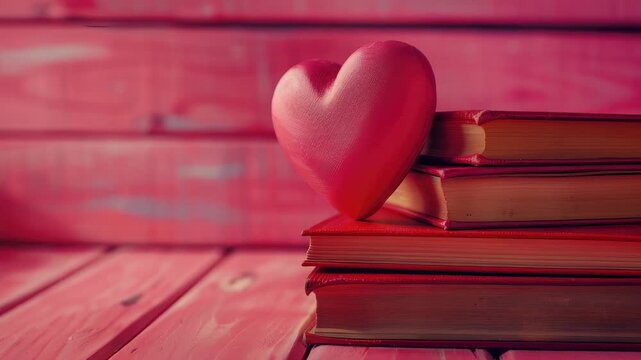 Heart on stack of books, romantic setting, wooden background