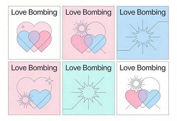 Conceptual graphical representations of love bombing with overlapping hearts and dynamic geometric shapes in pastel palettes evoking emotional resonance and visual intrigue