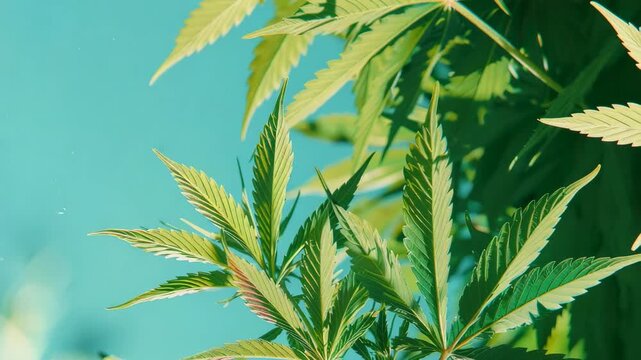 Close-up of green cannabis leaves against blue sky background
