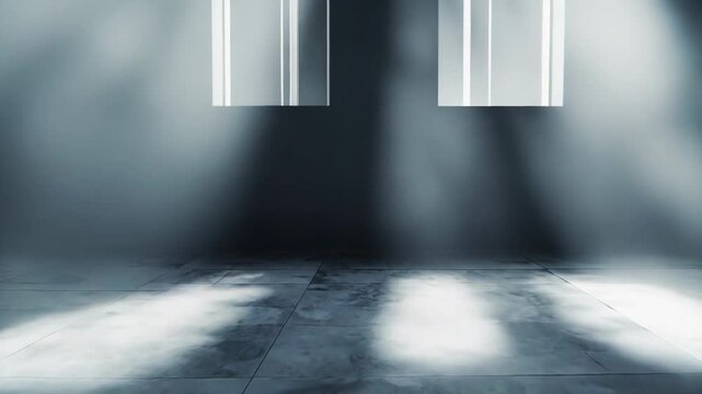 Dark room interior featuring two windows creating dramatic light rays and shadows on the concrete floor, emphasizing the depth and texture of the empty space