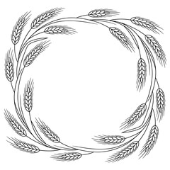 A circular wreath composed of detailed wheat stalks in black and white © firoj