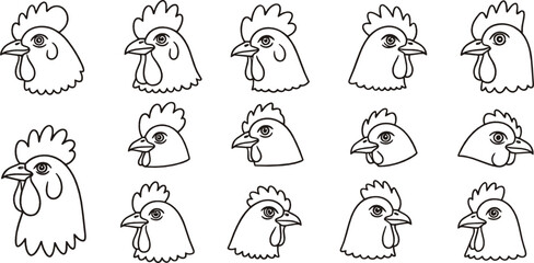 Fototapeta premium Chicken and rooster head outline icon set with farm poultry profiles illustrated in clean black and white minimal line art vector style