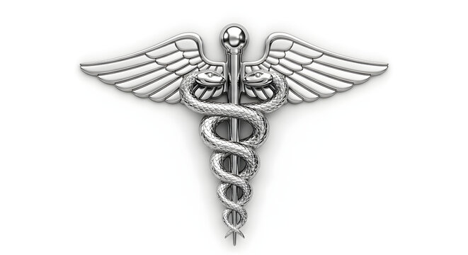 Shiny medical caduceus symbol with snakes and wings on staff