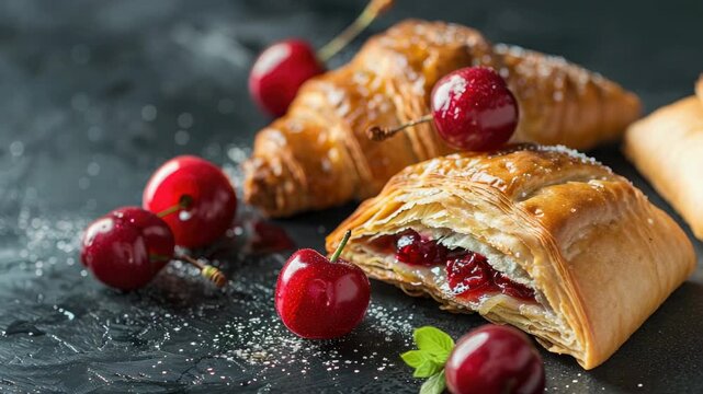 Flaky croissants with fresh cherries, filling, and sugar