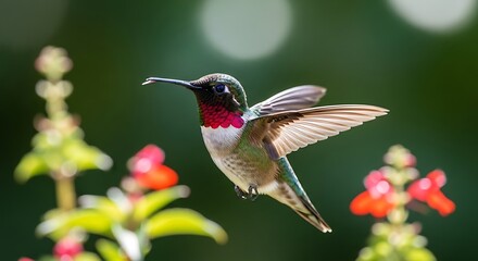Hummingbird in flight, hovering near red flowers with blurred green background