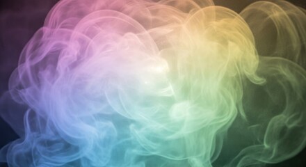 Obraz premium Abstract multicolor smoke swirls in pastel aqua, magenta and golden tones on a dark background with soft bokeh haze, smooth vapor texture and copy space for design