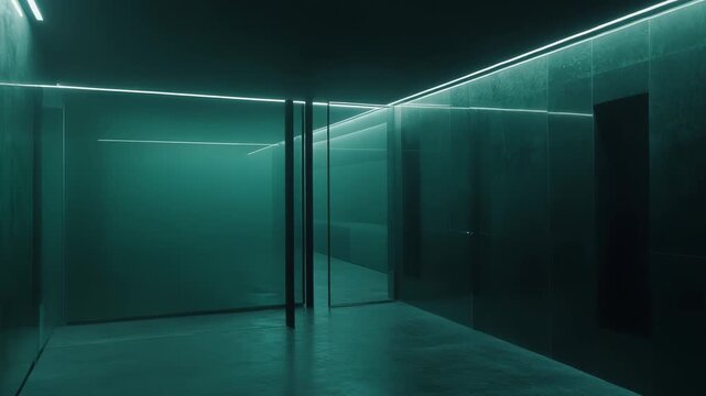 Empty futuristic corridor presenting minimalist architecture with glass walls illuminated by glowing neon light panels creating a strong sci fi atmosphere