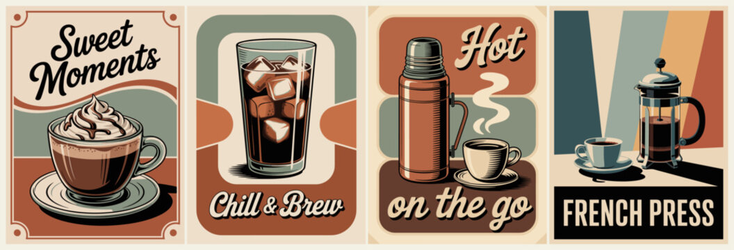 Set of four retro-style coffee posters featuring hot drinks, iced beverages, thermos, and French press. Warm earthy tones, bold outlines, and vintage advertisement aesthetic.
