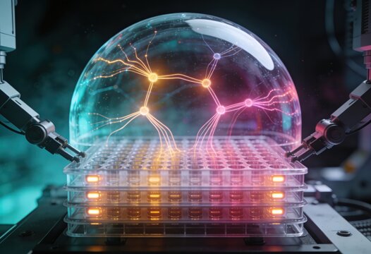 Advanced robotic manipulation of multi well plates encapsulated by a transparent dome, illustrating neural network stimulation and synthetic intelligence evolution