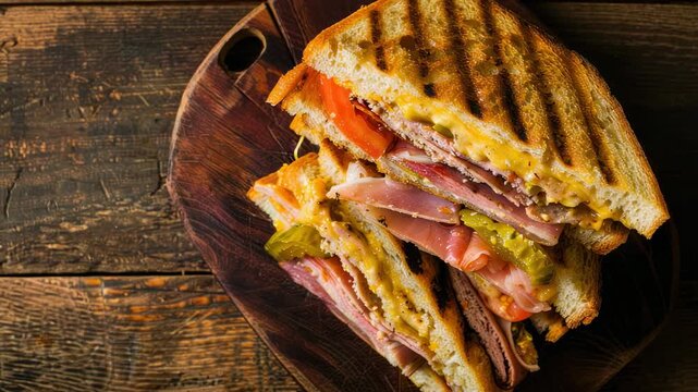 Grilled sandwiches with ham, cheese, and vegetables on wooden board