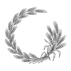 Elegant wreath of wheat stalks in a detailed monochrome illustration © firoj