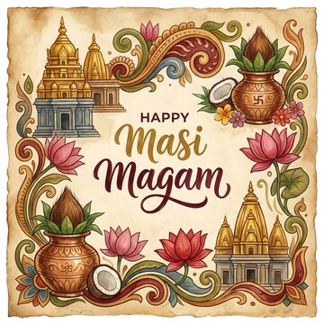 Traditional celebration design for masi magam festival with cultural motifs and flowers