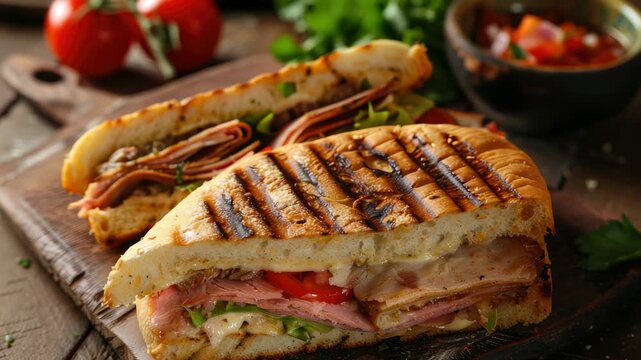 Delicious grilled panini sandwich with ham, cheese, lettuce, and tomatoes on wooden board