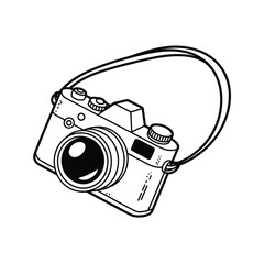 Simple black and white line drawing of a vintage camera with strap