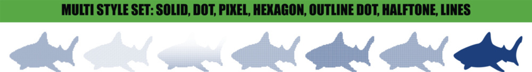 Obraz premium Shark Set in Various Designs with solid, dot, pixel, hexagon, outline dot, halftone, and lines effects