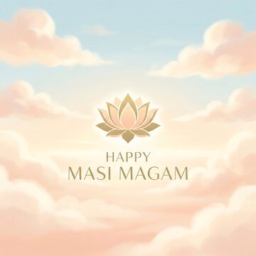 Celebrating masi magam with a serene lotus design against a soft sky backdrop.