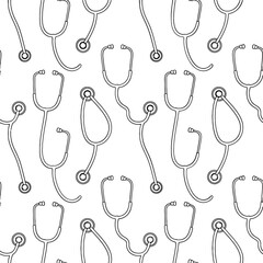 Seamless pattern of black and white stethoscopes on a white background