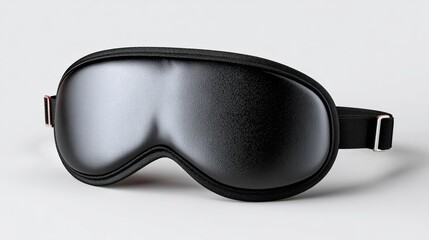A black eye mask with a gold strap. The eye mask is made of leather and is black in color
