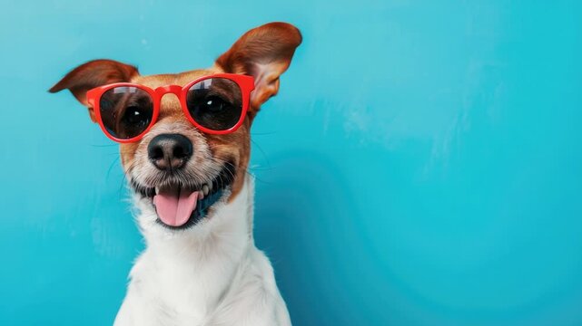 Smiling dog wearing red sunglasses against blue background
